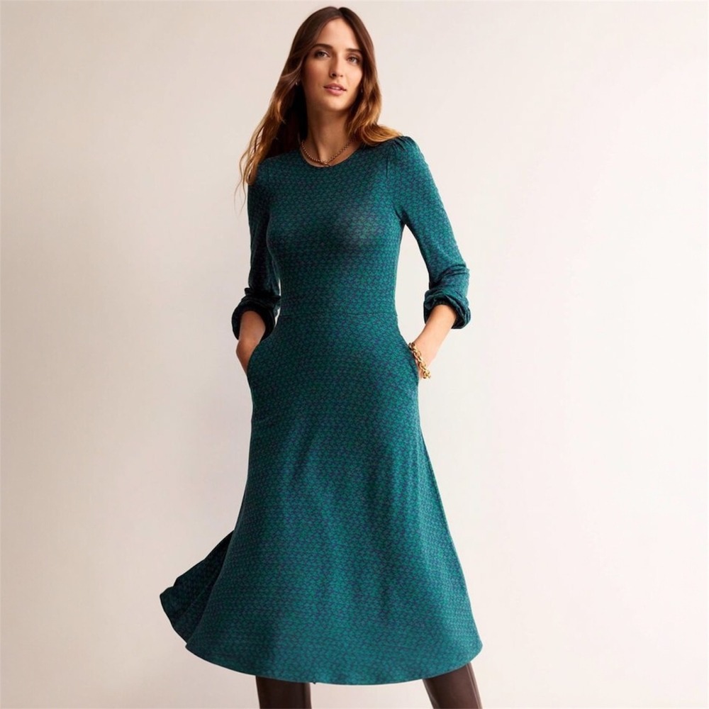 BODEN Camille Jersey Midi Dress Green Navy Pockets Fit Flare Dark Academia 10 R
